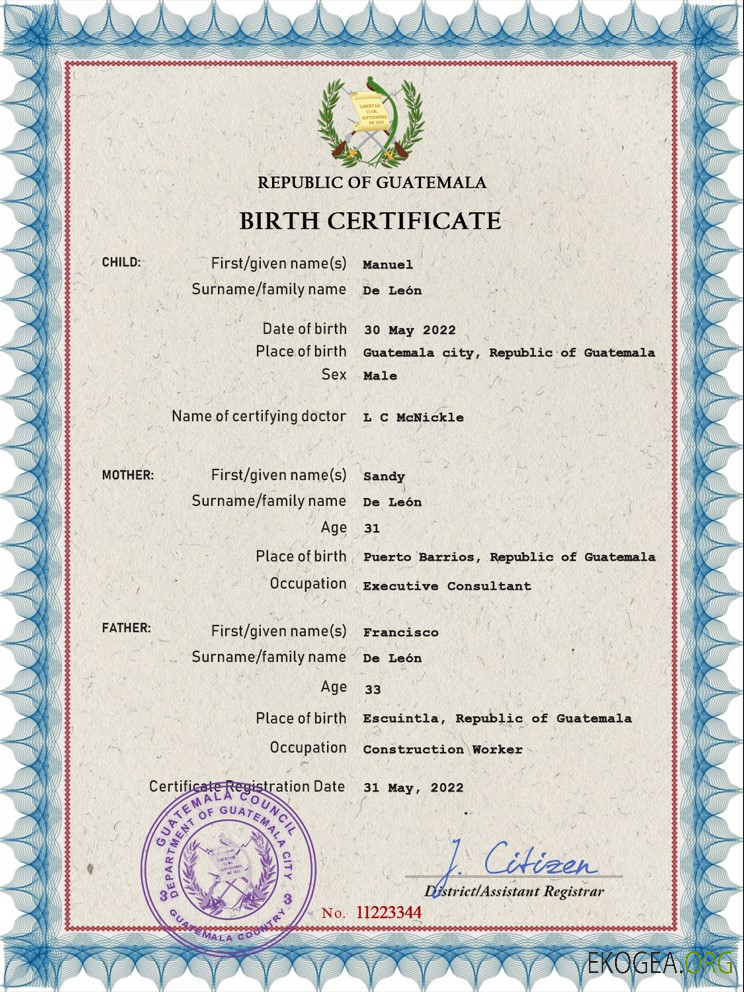 Modèle PSD de certificat de naissance d'état civil du Guatemala